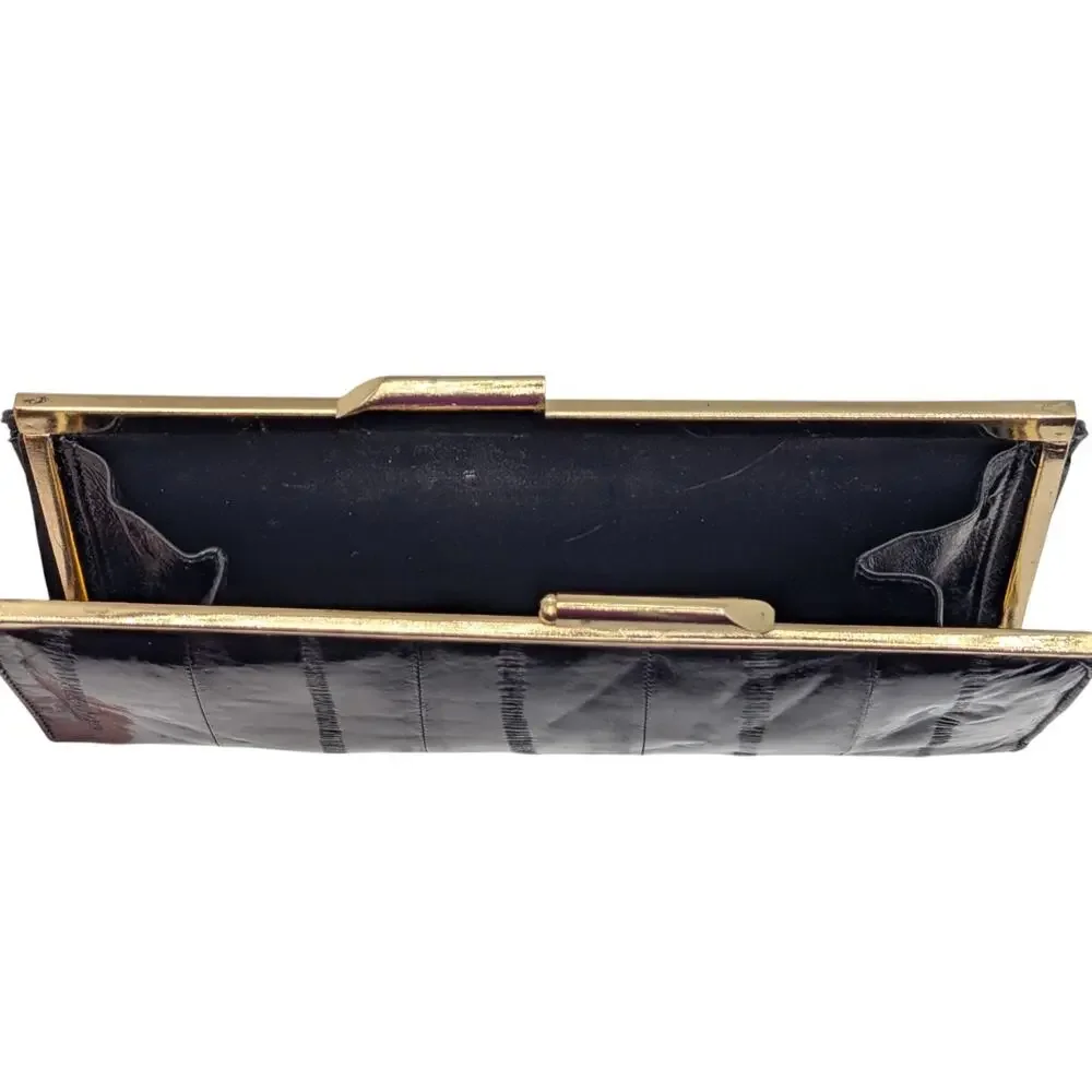 💜Vintage 1980s Black Genuine Eel Skin Kiss-Lock Clutch Wallet